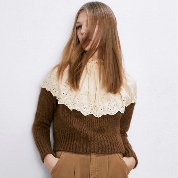 NEW!! Zara Contrasting Embroidery Cream Brown Sweater- Size S - Picture 6 of 16